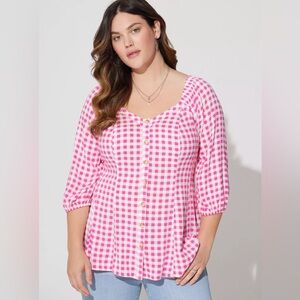 Torrid 2 Pink Gingham Fit & Flare Rayon Slub Button Up 3/4 Sleeve Peplum Blouse
